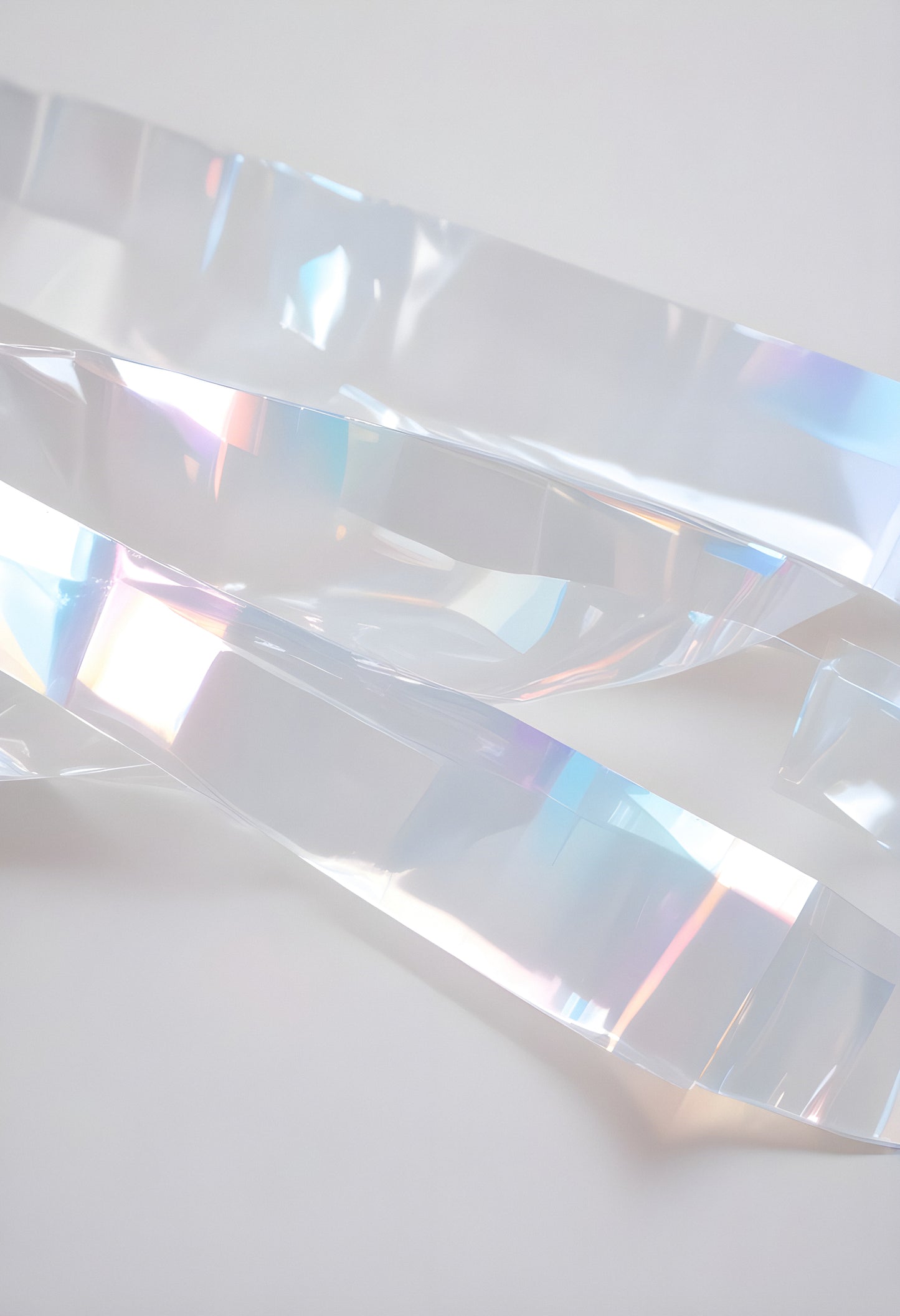 Reflective strips of iridescent material arranged artfully on a smooth white surface in bright natural light