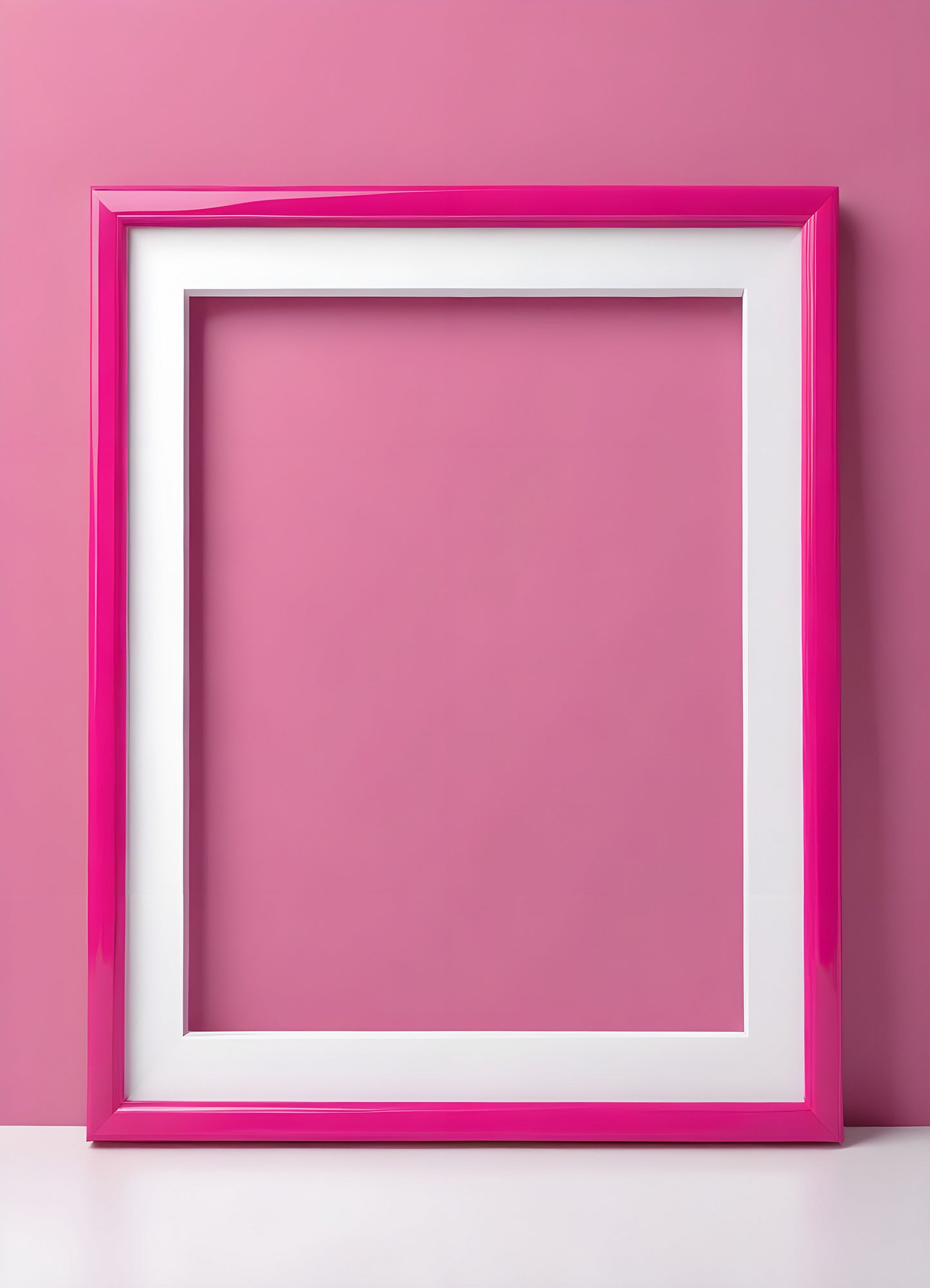 Bright pink empty frame stands against a white wall, inviting creativity and personal expression
