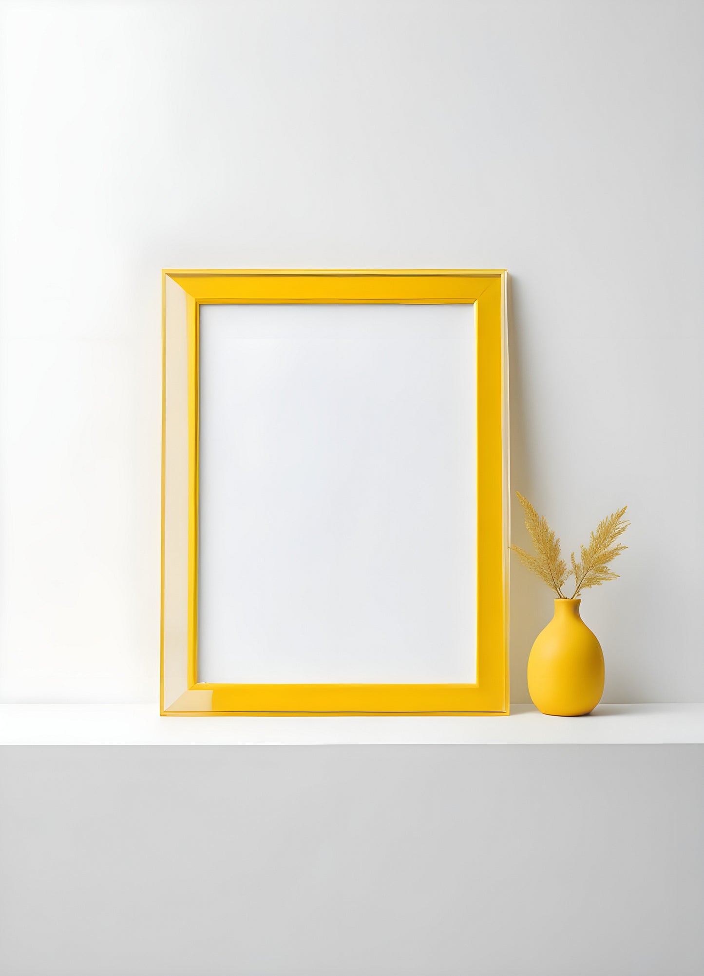 A bright yellow frame and minimalist vase with decorative grass placed on a white shelf in a modern interior setting