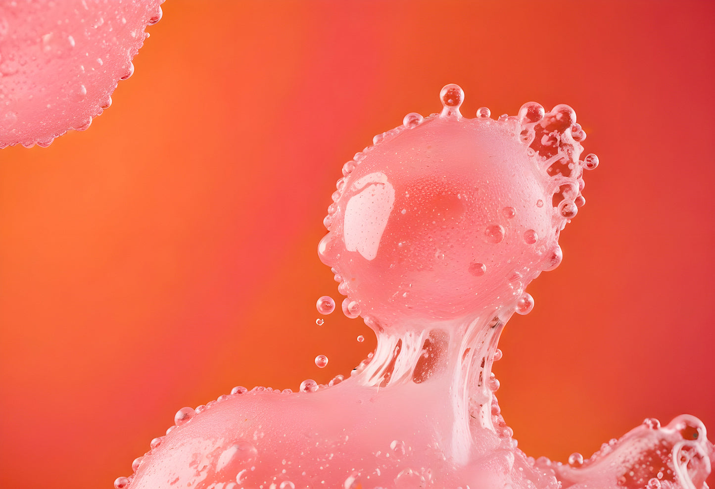 Close-up of pink soap bubbles against a vibrant orange background
