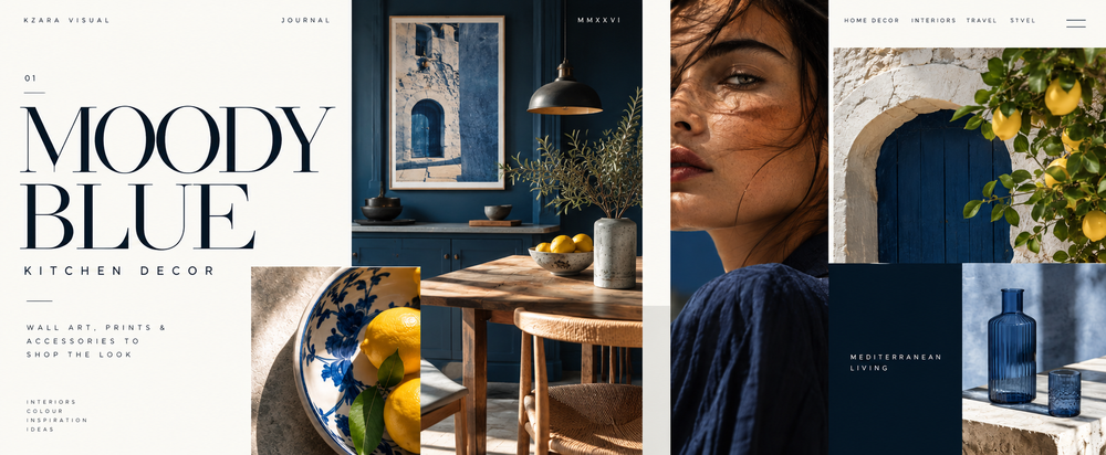 Kzara Visual Moody Blue Kitchen editorial journal banner