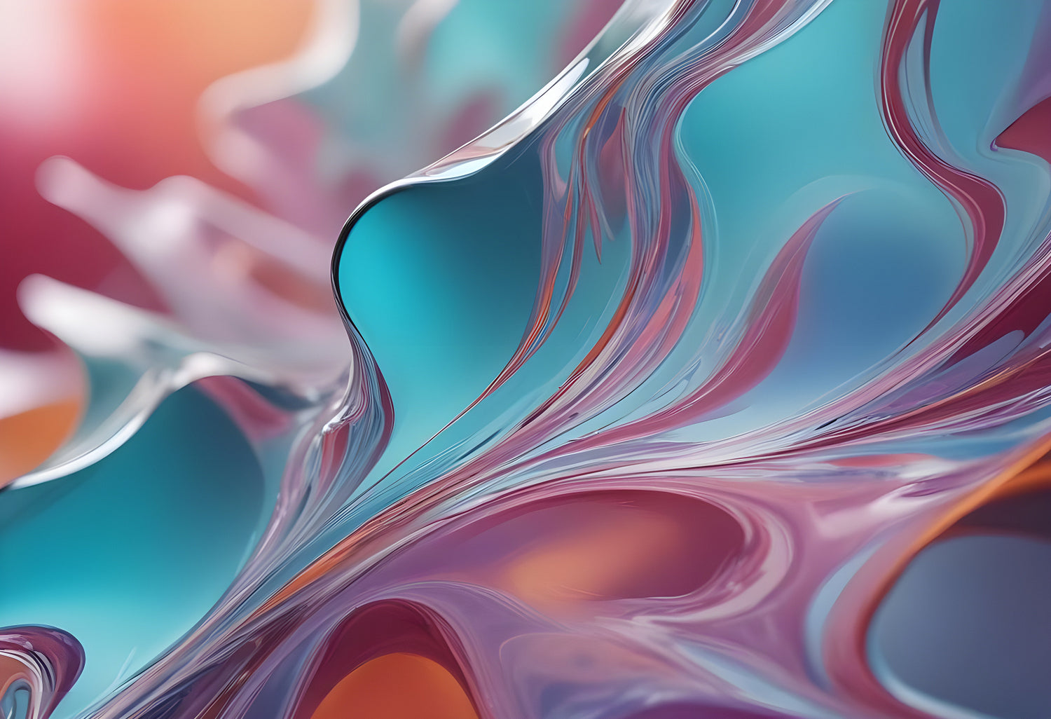 Abstract flow of teal and blue shapes blending together with soft curves and reflections