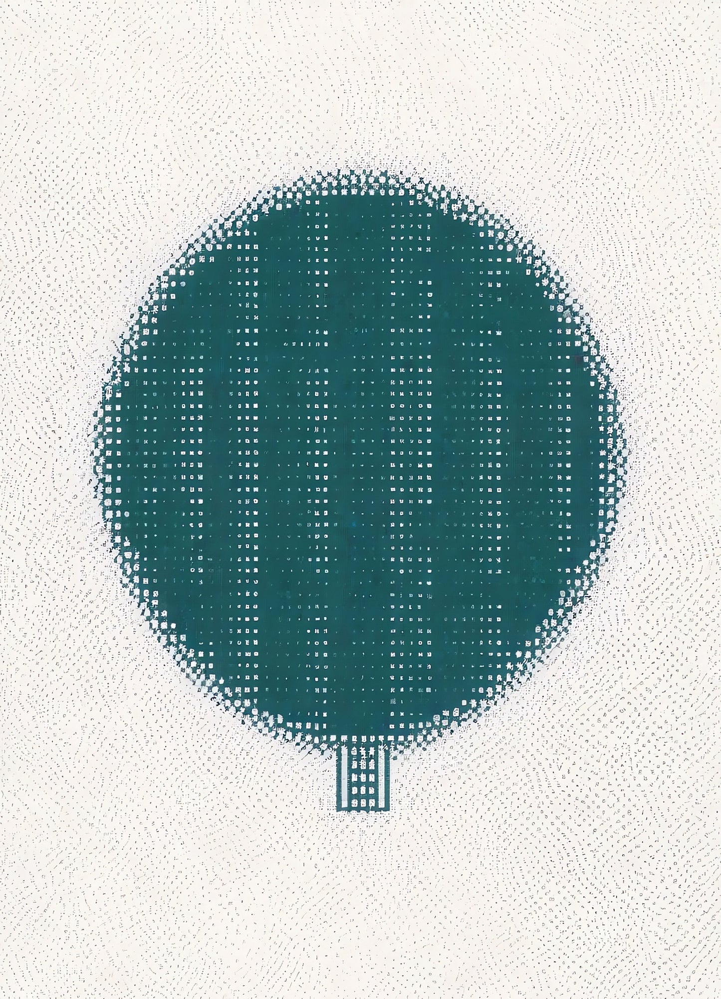 A simple teal circle sculpture stands against a textured background, emphasizing minimalist design and artistic expression