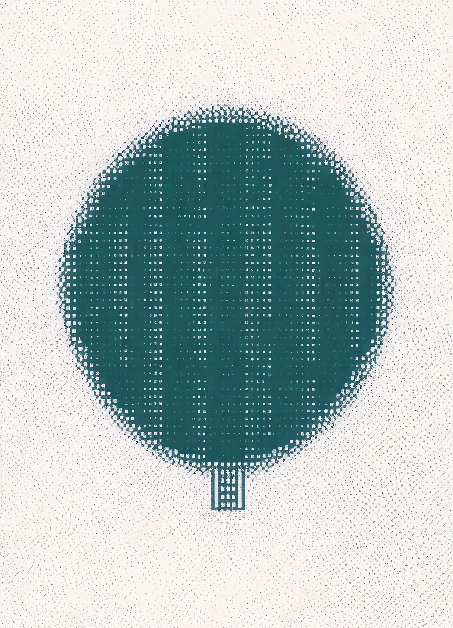 A simple teal circle sculpture stands against a textured background, emphasizing minimalist design and artistic expression