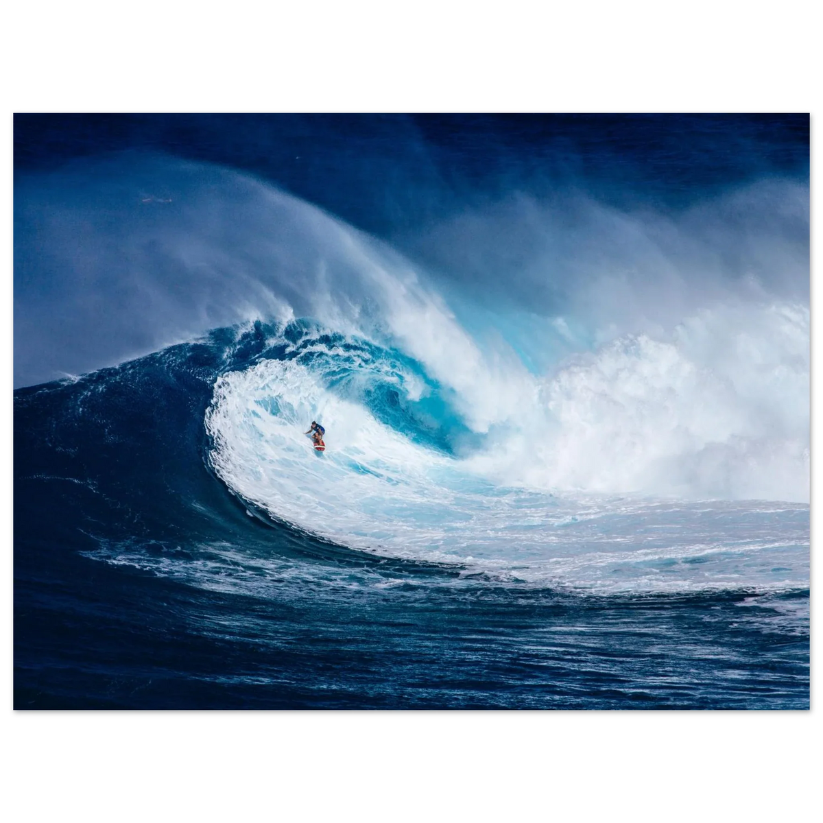 Unframed poster showing a surfer inside a giant curling blue wave with white spray