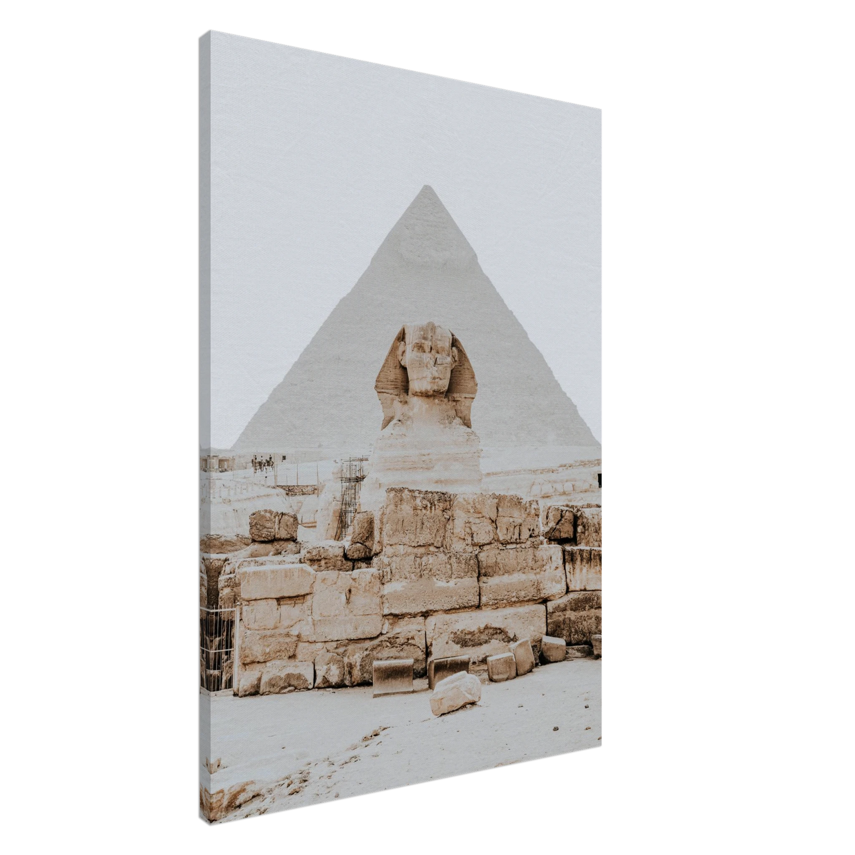 Desert Majesty: Sphinx & Pyramid Canvas Print - Evocative Sepia Tones for Timeless Decor