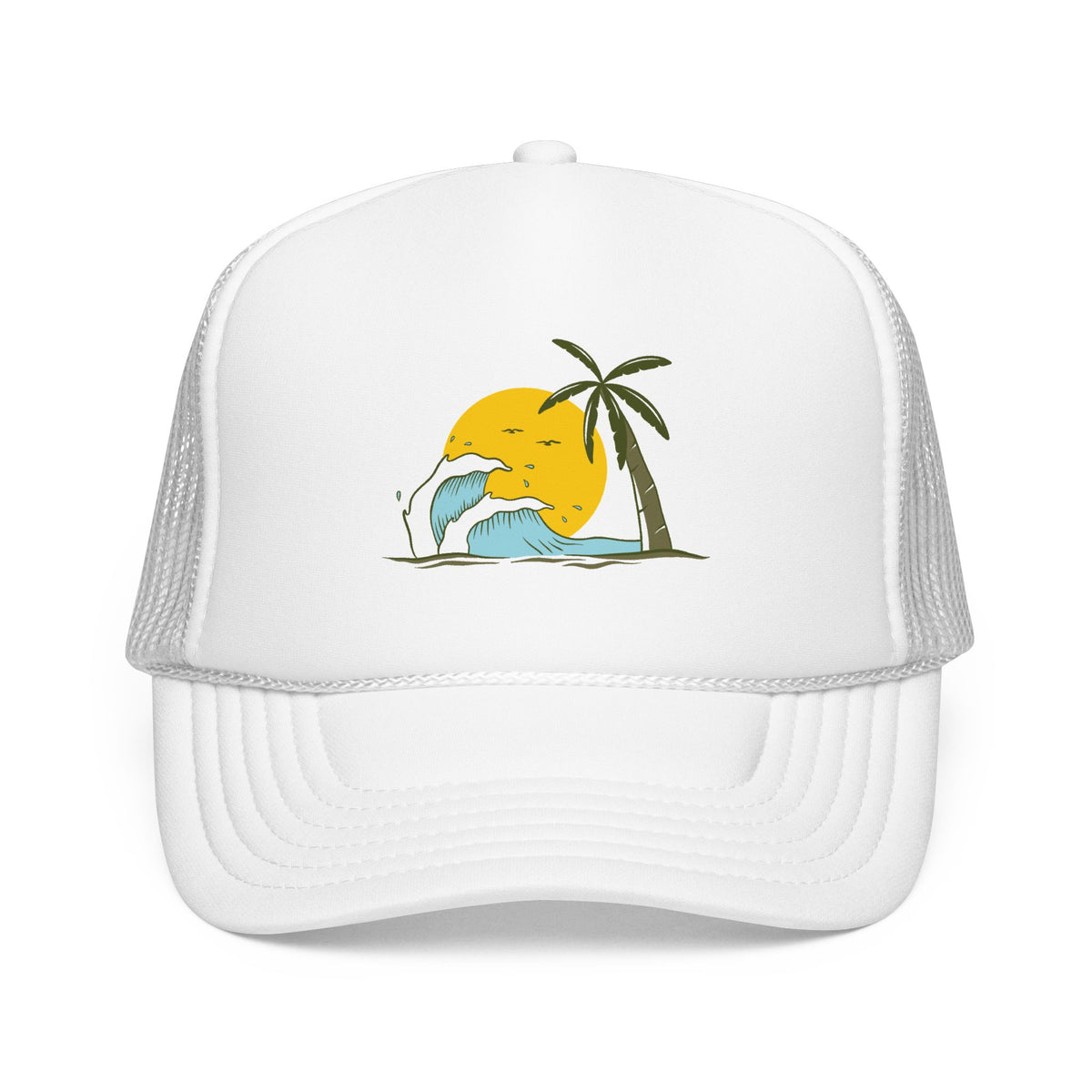 Tropical Trucker Hat Palm Wave Cap Vacation Headwear Coastal Escape Gift Mesh Snapback Island Sunset Fashion Accessory For Dad Beach Style