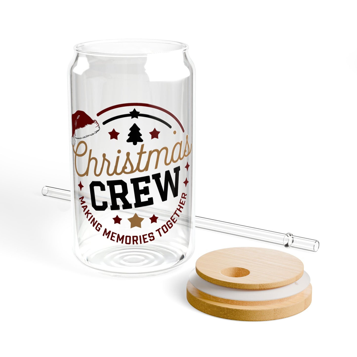 Christmas Crew Glass Cup Gift For Sister Holiday Sipper With Bamboo Lid Festive Drinkware Present For Best Friend Family Party Style Charm