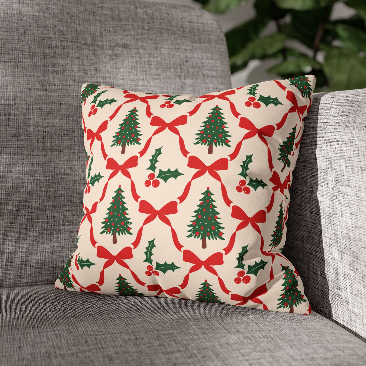 Christmas Tree Pillowcase Gift For Mom Holiday Cushion Cover Present For Sister Red Bow Faux Suede Winter Home Decor Cozy Sofa Accent Style