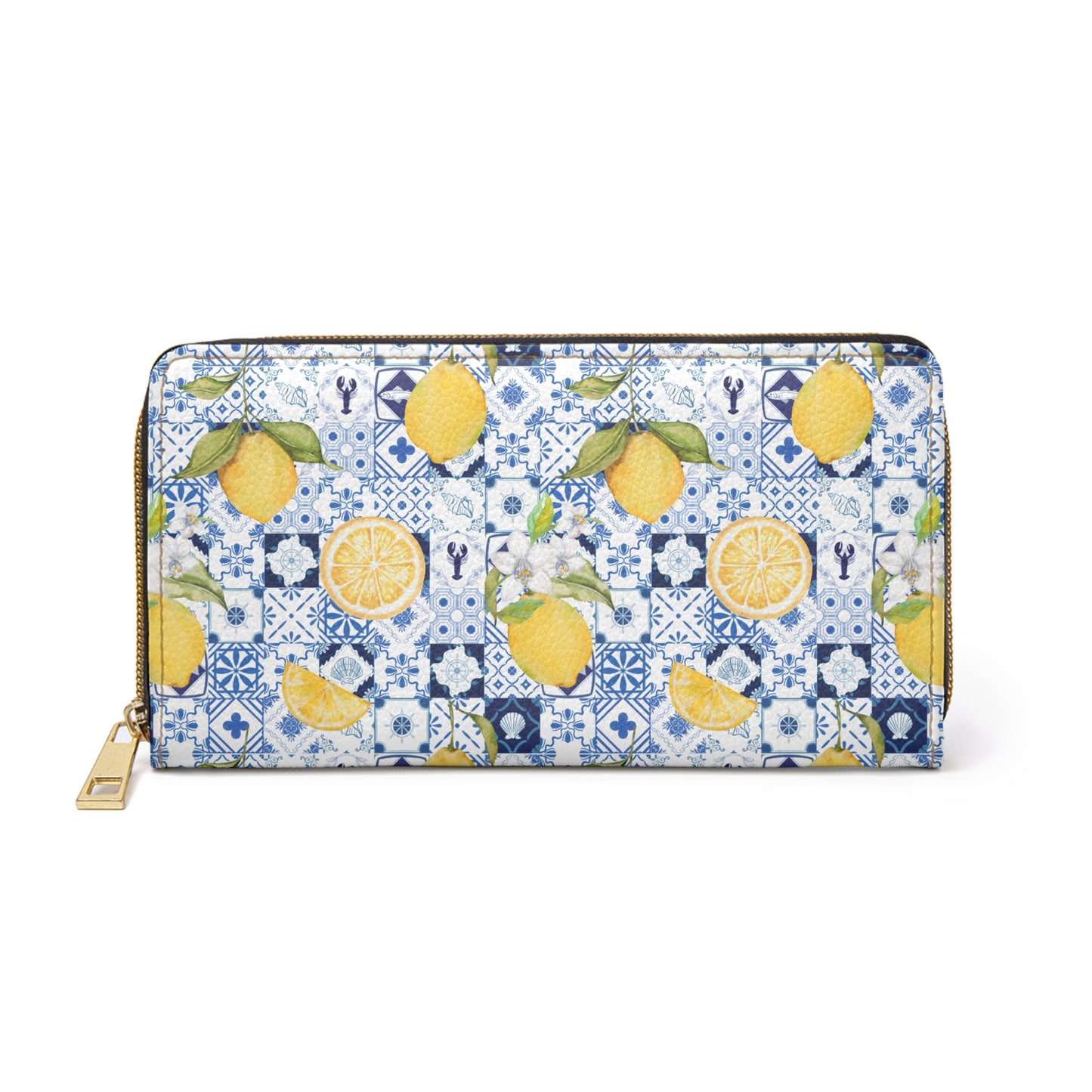 Lemon Tile Pattern Zipper Wallet, Portugal Purse, Mediterranean Fruit Clutch, Citrus Mosaic Wallet, Blue Yellow Purse Italy Theme
