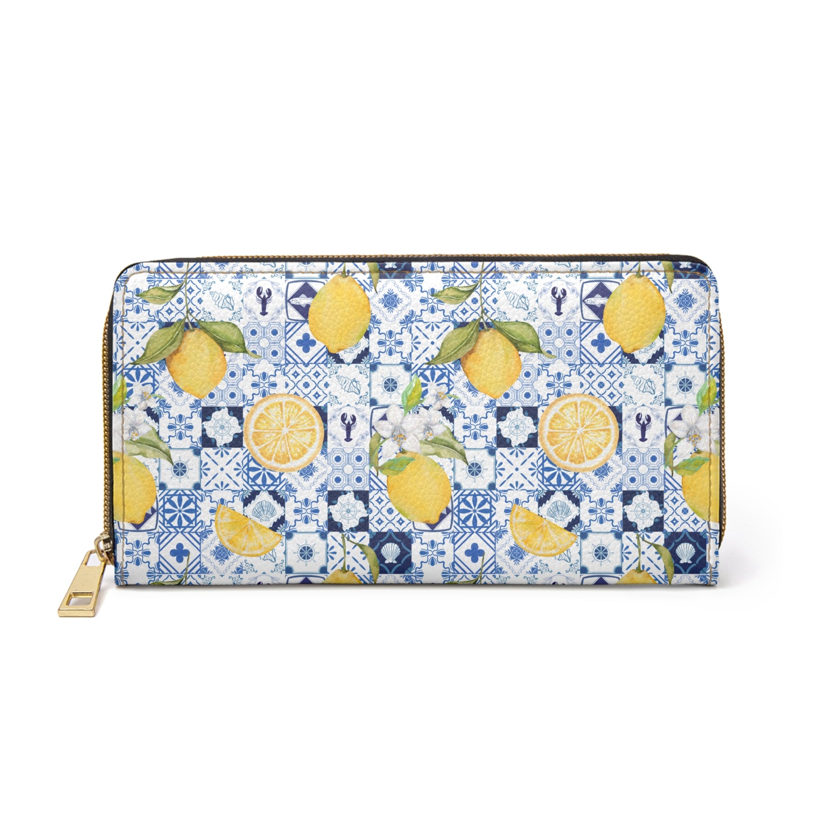 Lemon Tile Pattern Zipper Wallet, Portugal Purse, Mediterranean Fruit Clutch, Citrus Mosaic Wallet, Blue Yellow Purse Italy Theme