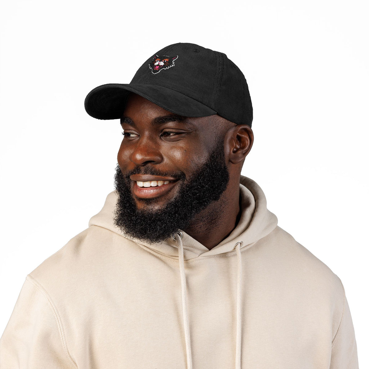 Embroidered Angry Cat Corduroy Hat Edgy Streetwear Cap Vintage Aesthetic Outfit Punk Rock Style Casual Everyday Wear Unique Gift Idea