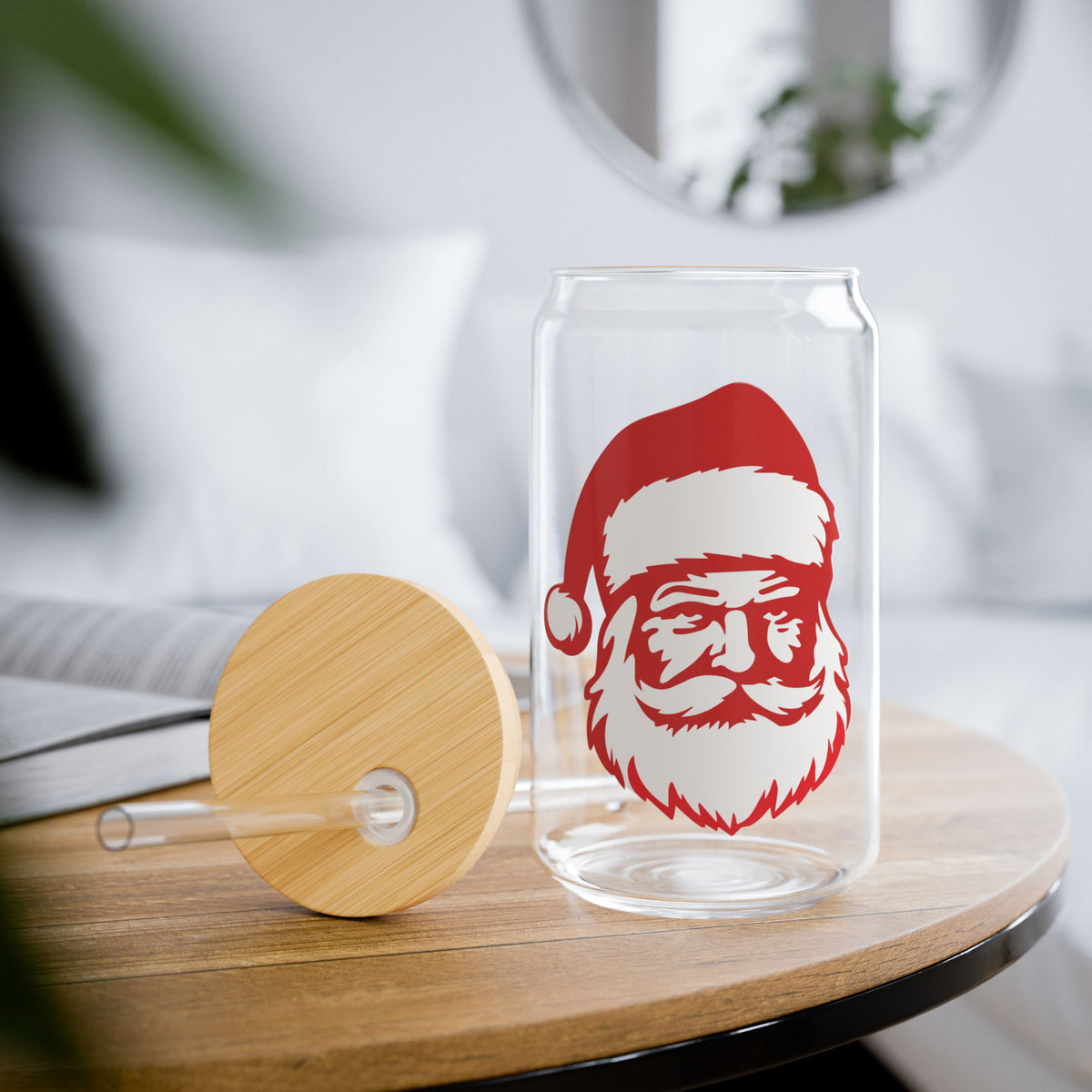 Santa Face Glass Cup Gift For Best Friend Christmas Iced Coffee Tumbler Present For Sister Bamboo Lid Drinkware Cute Winter Daily Style