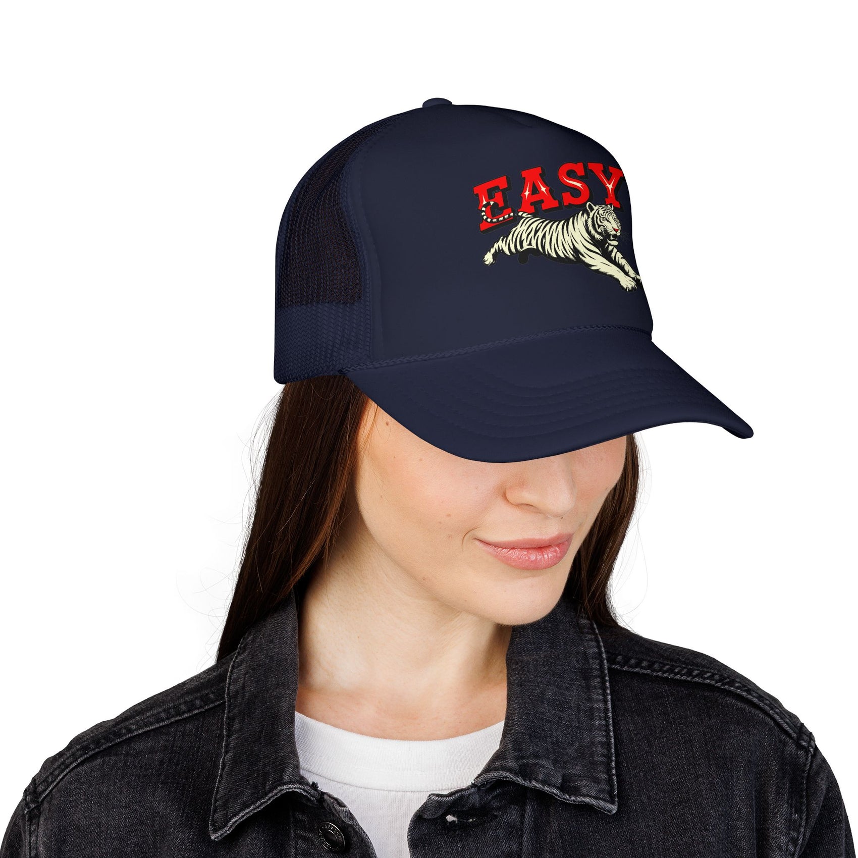 Easy Tiger Trucker Hat For Men White Animal Cap Gift For  Mom Tiger Lover Retro Sport Hat Casual Summer Outfit Cap for Sister