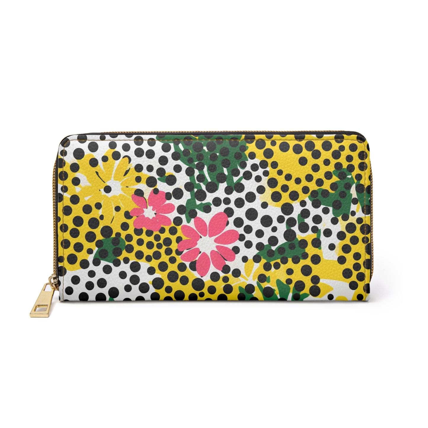 Spring Floral Polka Dot Zipper Wallet With Flowers, Yellow Black Purse Summer Fashion Accessory, Floral Coin Purse, Cute Spring Gift