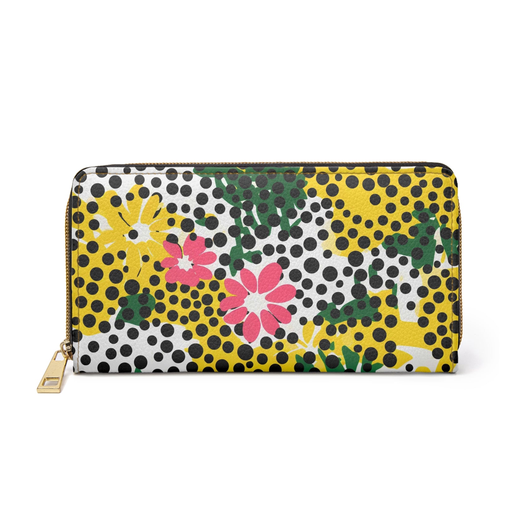 Spring Floral Polka Dot Zipper Wallet With Flowers, Yellow Black Purse Summer Fashion Accessory, Floral Coin Purse, Cute Spring Gift