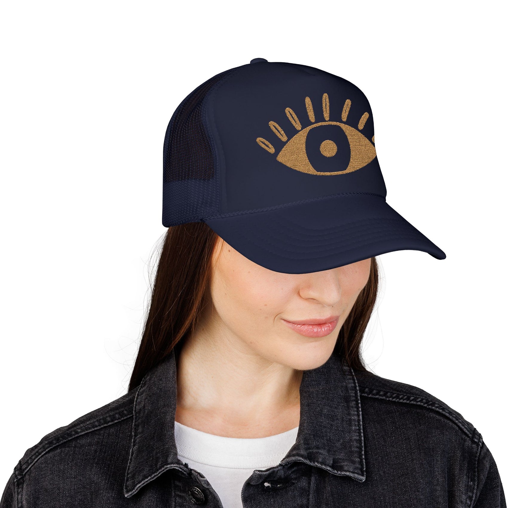 Evil Eye Trucker Hat Embroidered Mystic Cap Mesh Snapback Gift For Sister Girlfriend Mom Boho Festival Accessory Golden Symbol Style Charm