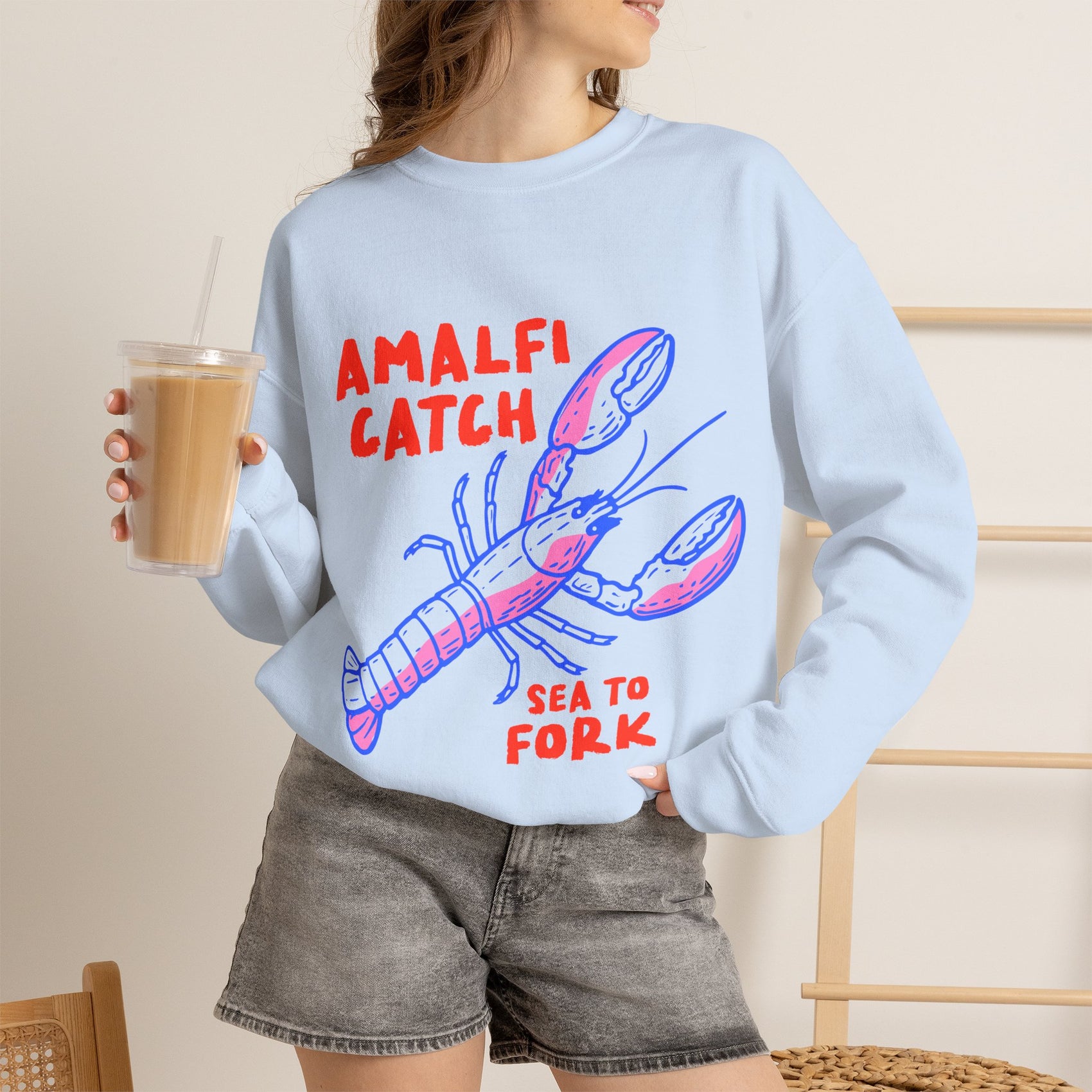 Amalfi Coast Sweatshirt Italy Inspired Top Seafood Graphic Pullover Gift For Italy Lover Mediterranean Vacation Crewneck Italian Souvenir