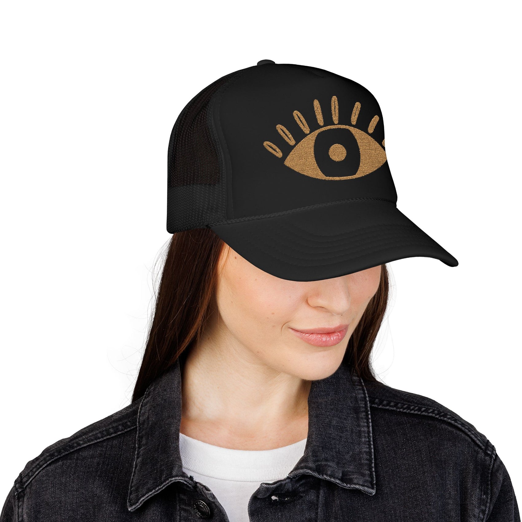 Evil Eye Trucker Hat Embroidered Mystic Cap Mesh Snapback Gift For Sister Girlfriend Mom Boho Festival Accessory Golden Symbol Style Charm