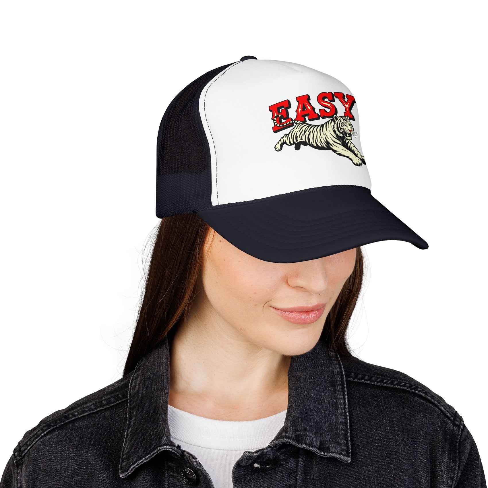 Easy Tiger Trucker Hat For Men White Animal Cap Gift For  Mom Tiger Lover Retro Sport Hat Casual Summer Outfit Cap for Sister