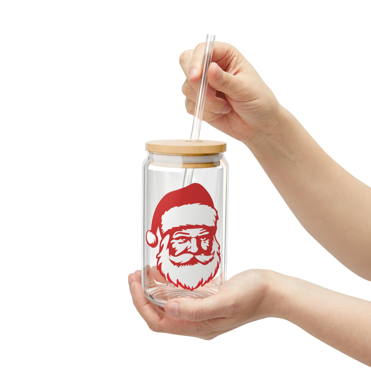 Santa Face Glass Cup Gift For Best Friend Christmas Iced Coffee Tumbler Present For Sister Bamboo Lid Drinkware Cute Winter Daily Style