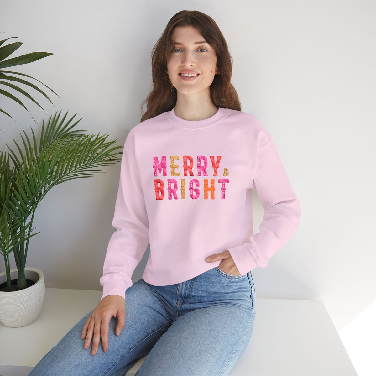 Merry & Bright Embroidered Christmas Sweatshirt For Women Cozy Holiday Crewneck Sister Cute Festive Pullover Winter Gift Christmas Outfit