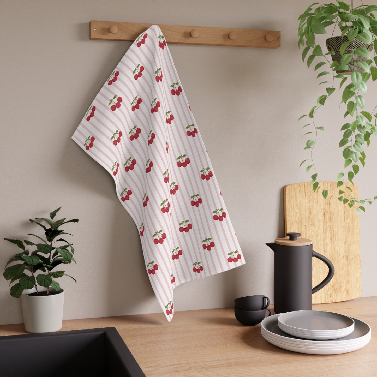 Striped Tea Towel Kitchen Towel Cherries Cherry Kitchen Towel Striped Dish Towel Pastel Kitchen Linen Cute Dish Towel Retro Cooking Gift