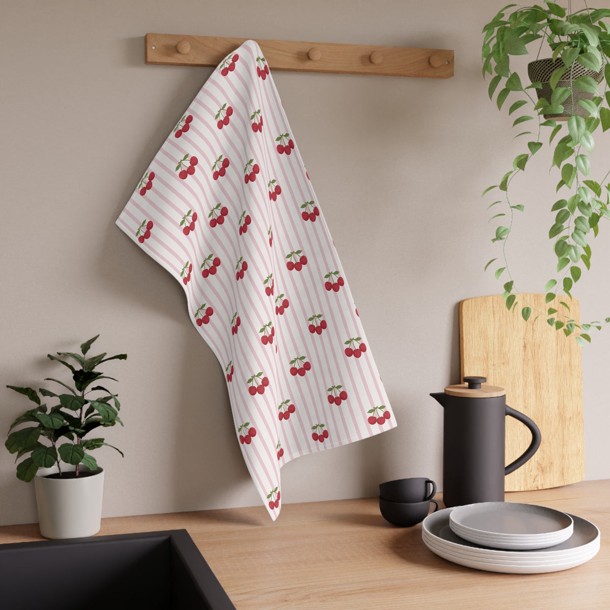 Striped Tea Towel Kitchen Towel Cherries Cherry Kitchen Towel Striped Dish Towel Pastel Kitchen Linen Cute Dish Towel Retro Cooking Gift