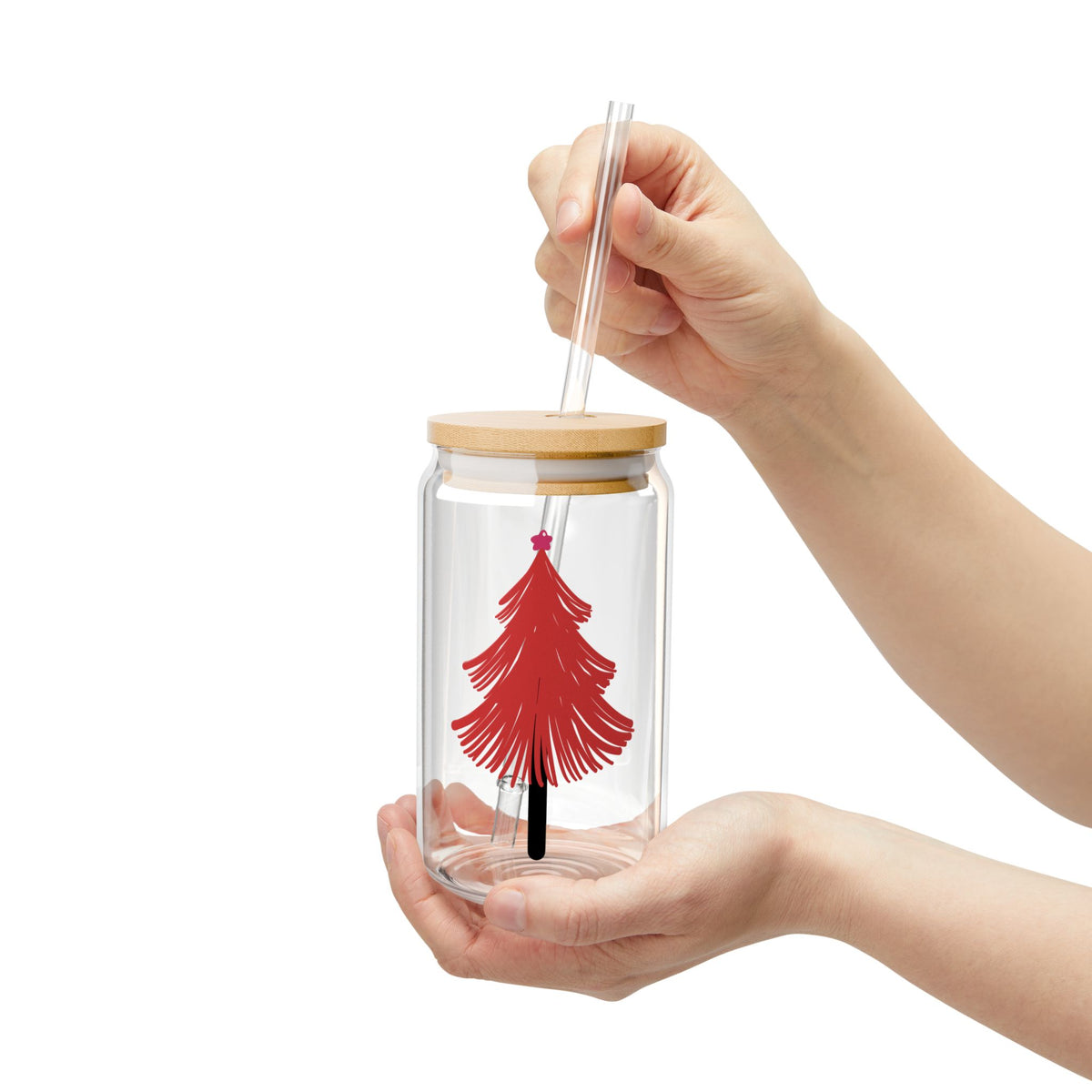 Red Tree Glass Cup Gift For Mom Festive Sipper With Bamboo Lid Cute Holiday Drinkware Sister Best Friend Winter Sip Jar Roomie Hostess Style