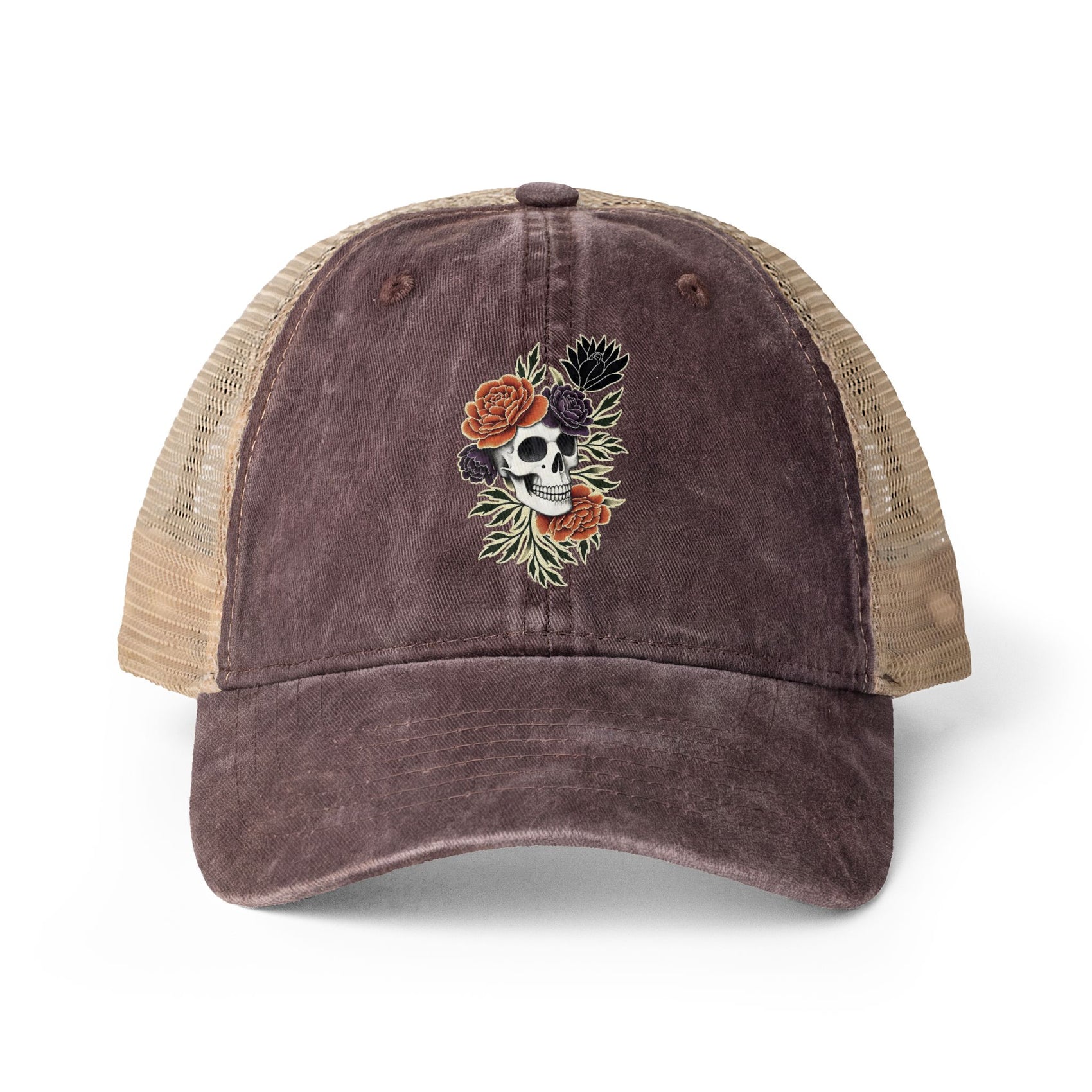 Floral Skull Trucker Hat Vintage Washed Mesh Cap Aesthetic Goth Hat Boho Skull Hat Ponytail Cap Gift for Her Festival Hat