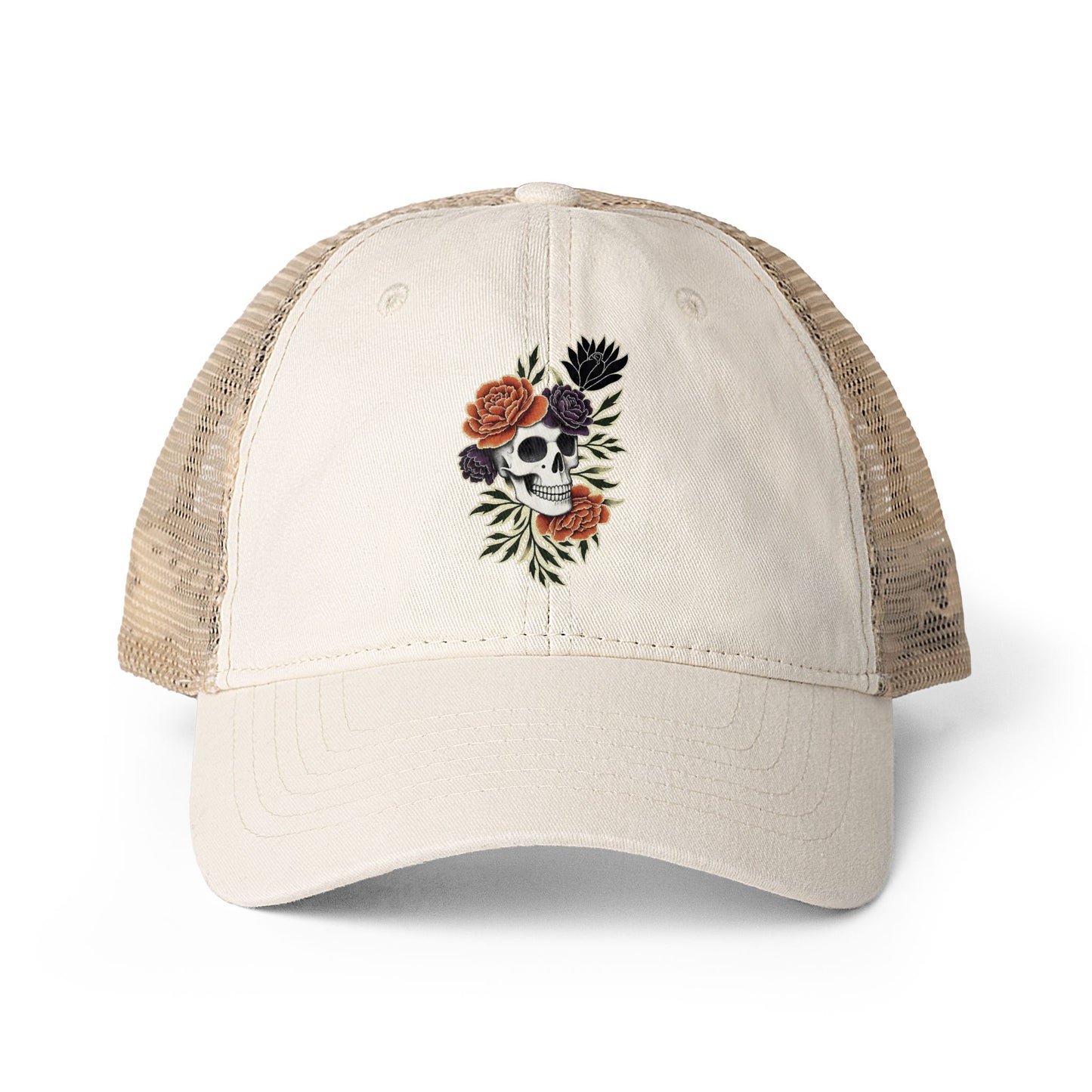 Floral Skull Trucker Hat Vintage Washed Mesh Cap Aesthetic Goth Hat Boho Skull Hat Ponytail Cap Gift for Her Festival Hat