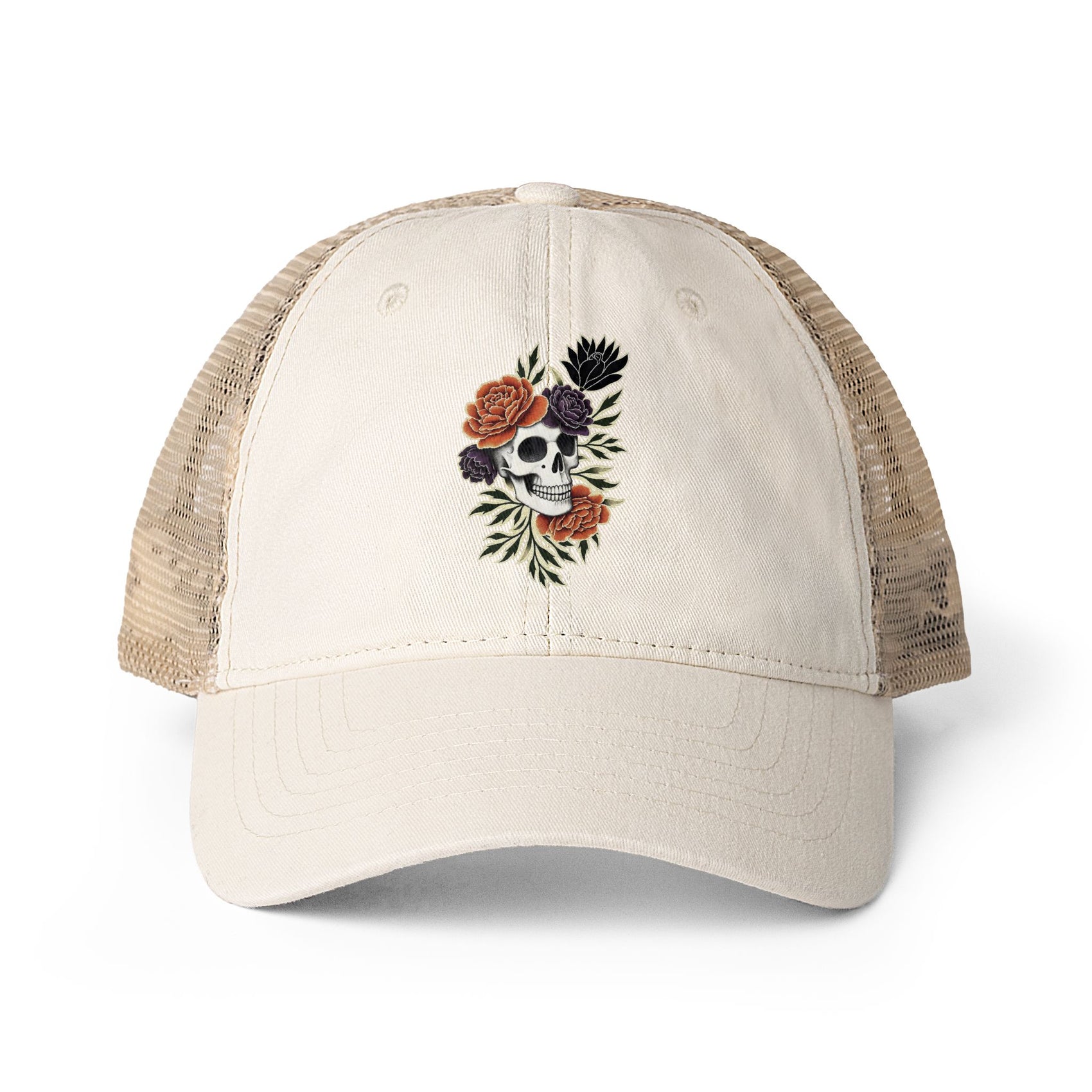 Floral Skull Trucker Hat Vintage Washed Mesh Cap Aesthetic Goth Hat Boho Skull Hat Ponytail Cap Gift for Her Festival Hat