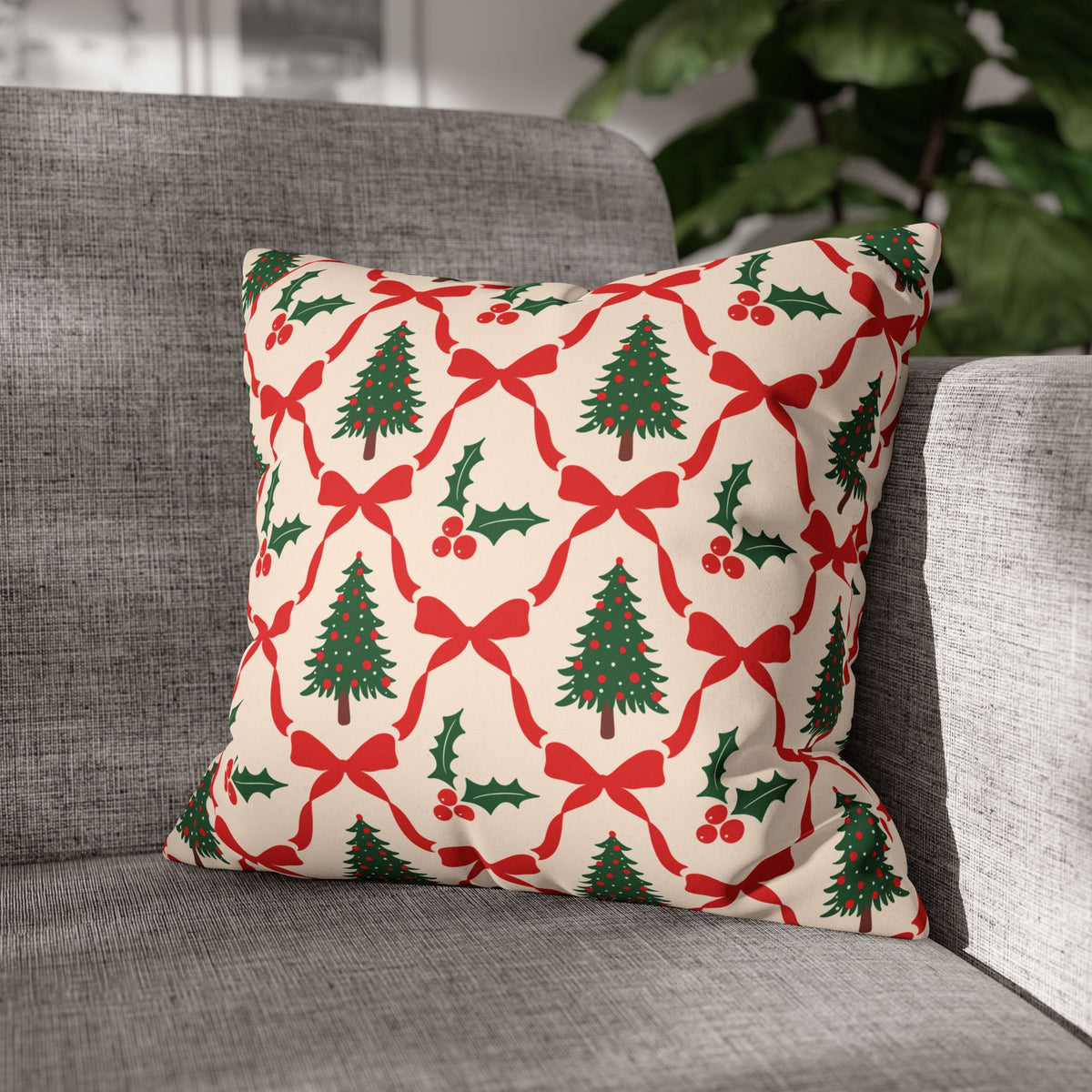 Christmas Tree Pillowcase Gift For Mom Holiday Cushion Cover Present For Sister Red Bow Faux Suede Winter Home Decor Cozy Sofa Accent Style