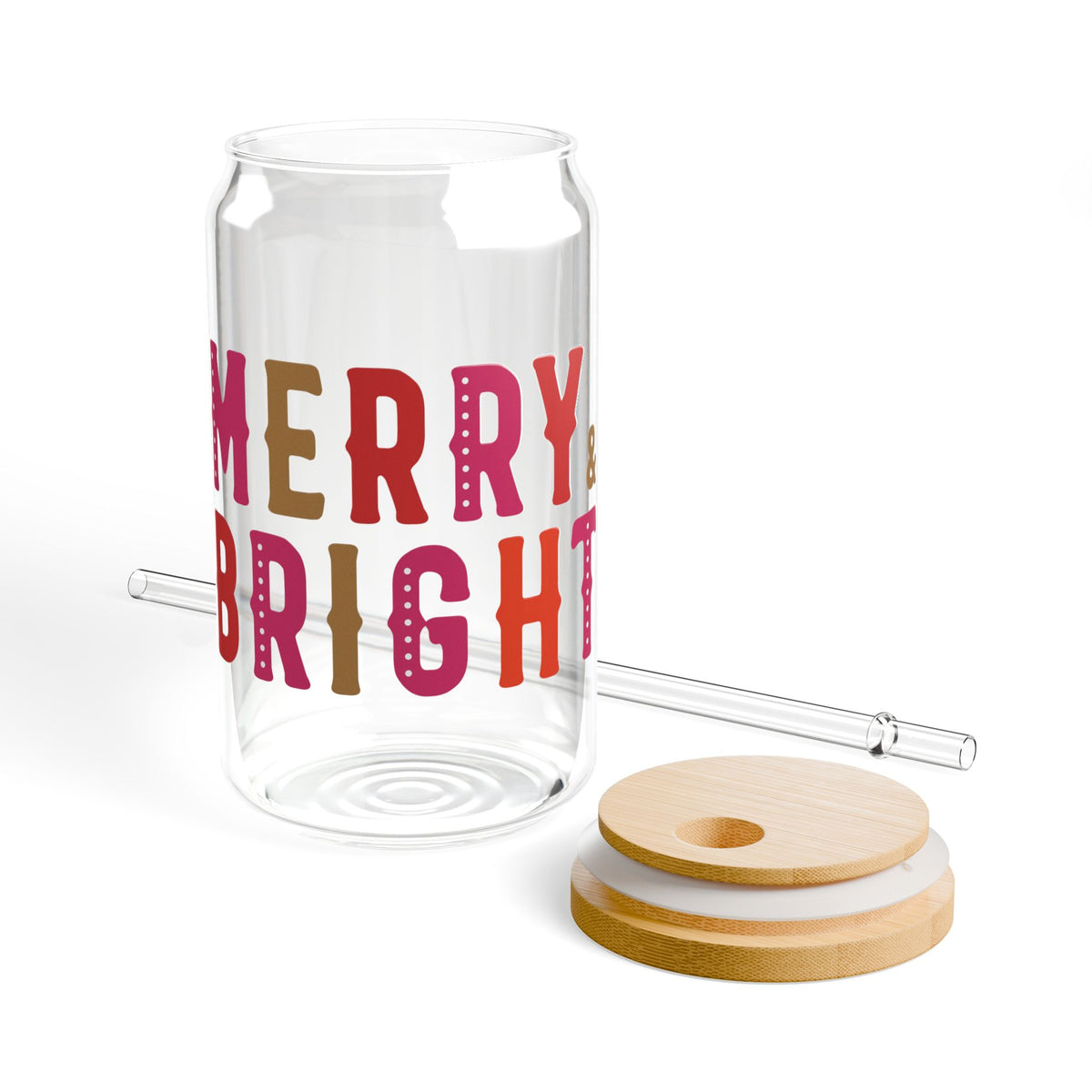 Merry Bright Glass Cup Gift For Cousin Christmas Sipper Present For Teacher Bamboo Lid Tumbler Cute Winter Drinkware Festive Daily Style