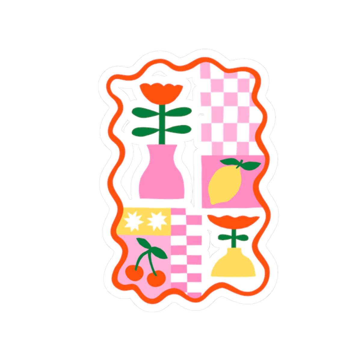 Pink Checkerboard Sticker Plant Lover Gift Retro Floral Decor Summer Travel Accessory Journal Decal Foodie Present Cute Laptop Accent Gift