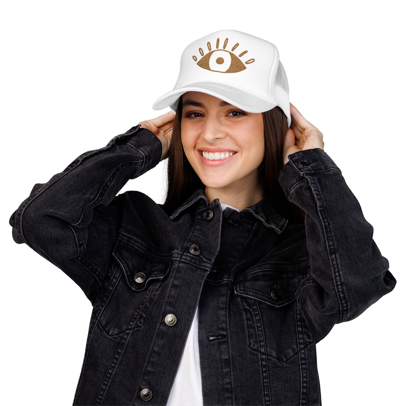 Evil Eye Trucker Hat Embroidered Mystic Cap Mesh Snapback Gift For Sister Girlfriend Mom Boho Festival Accessory Golden Symbol Style Charm