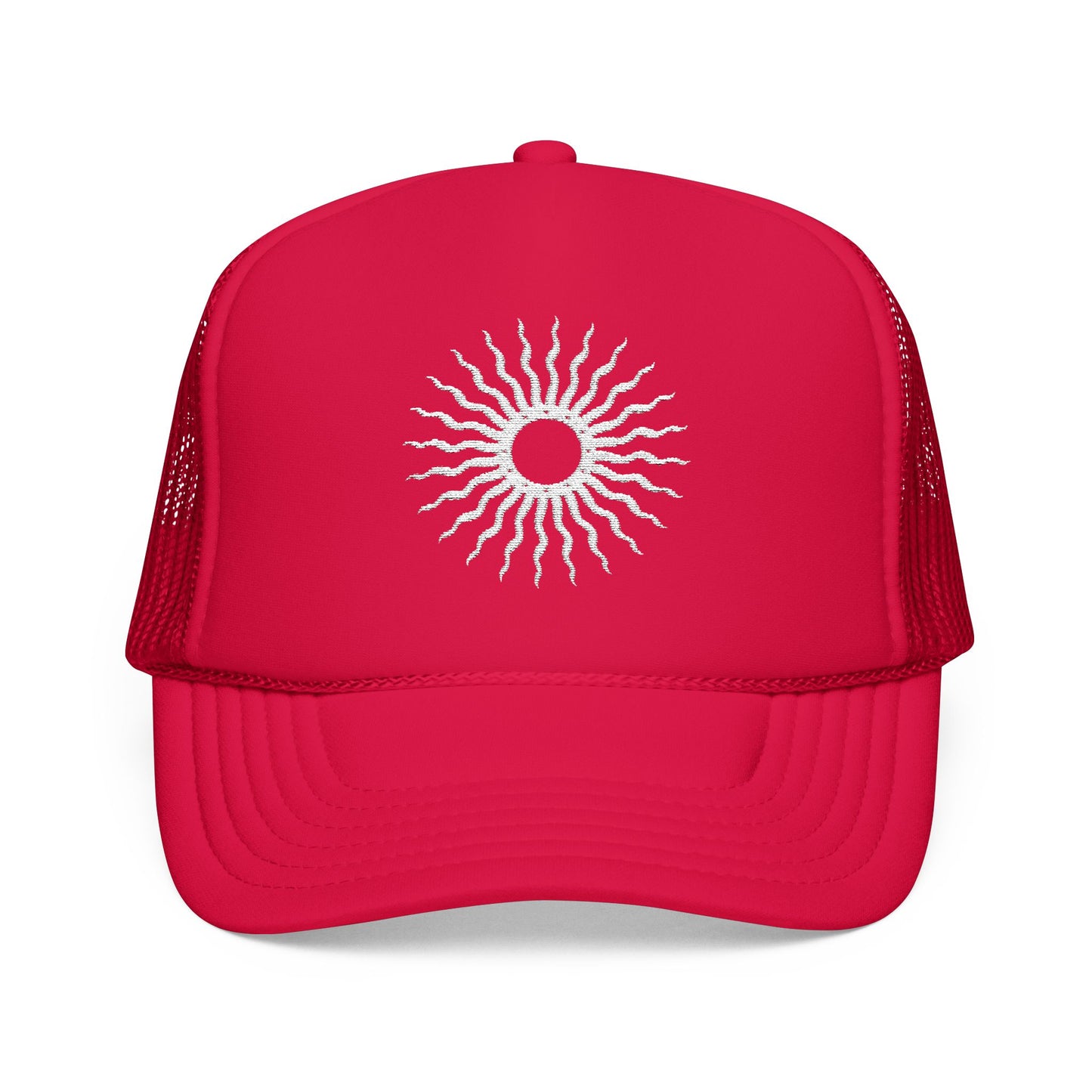 Embroidered Sun Hat For Summer Cap For Surfers Gift Surf Hat Radiant Sunburst Embroidered Foam Hat Red Trucker Hat For Beach Goers Gift