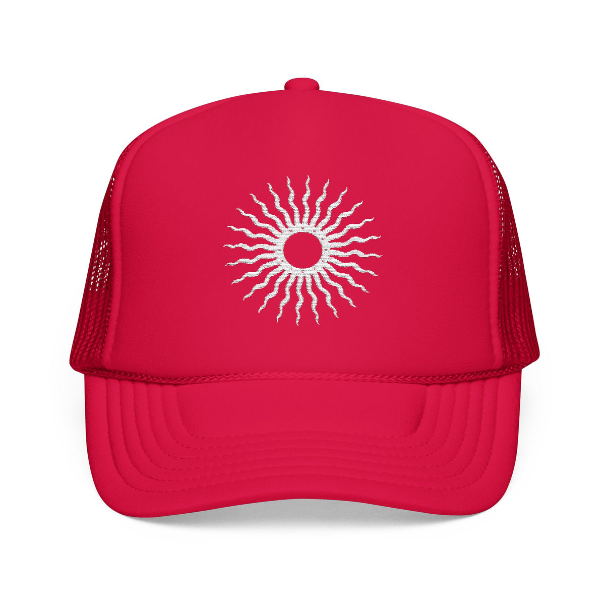 Embroidered Sun Hat For Summer Cap For Surfers Gift Surf Hat Radiant Sunburst Embroidered Foam Hat Red Trucker Hat For Beach Goers Gift