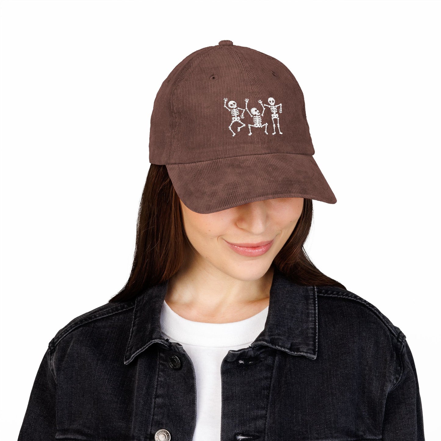 Dancing Skeleton Embroidered Corduroy Hat Halloween Cap Day Of The Dead Outfit Spooky Fall Fashion Gift Unisex Streetwear Hat