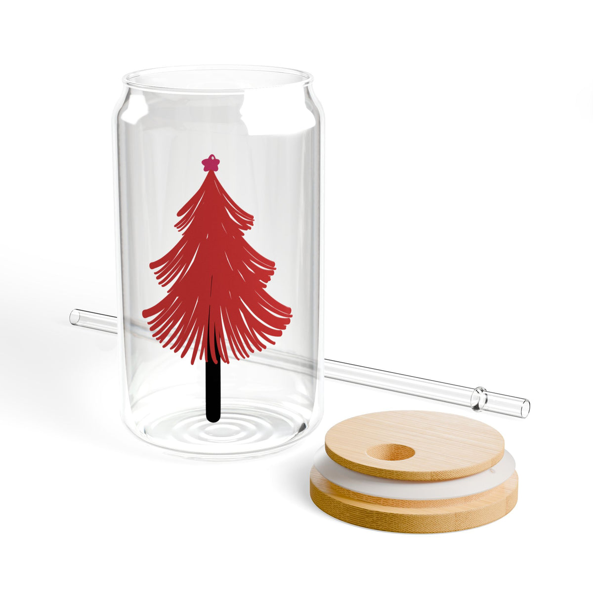 Red Tree Glass Cup Gift For Mom Festive Sipper With Bamboo Lid Cute Holiday Drinkware Sister Best Friend Winter Sip Jar Roomie Hostess Style