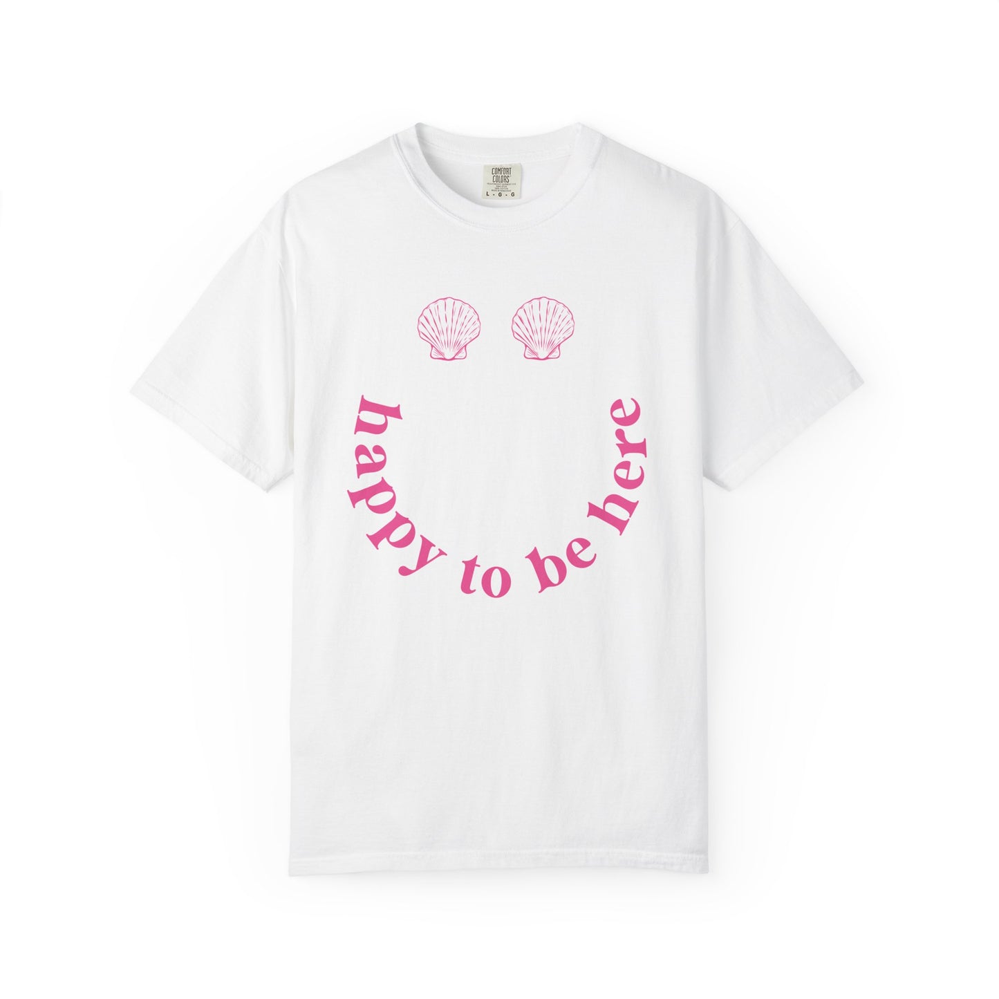 Summer Seashell T Shirt Gift For Her Happy To Be Here Tee Beach Vacation Outfit Coastal Shirt Pink Shell Graphic Birthday Top Cute Shirt