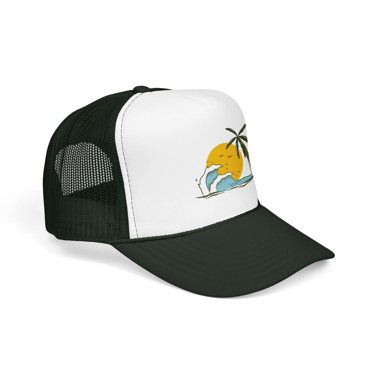 Tropical Trucker Hat Palm Wave Cap Vacation Headwear Coastal Escape Gift Mesh Snapback Island Sunset Fashion Accessory For Dad Beach Style