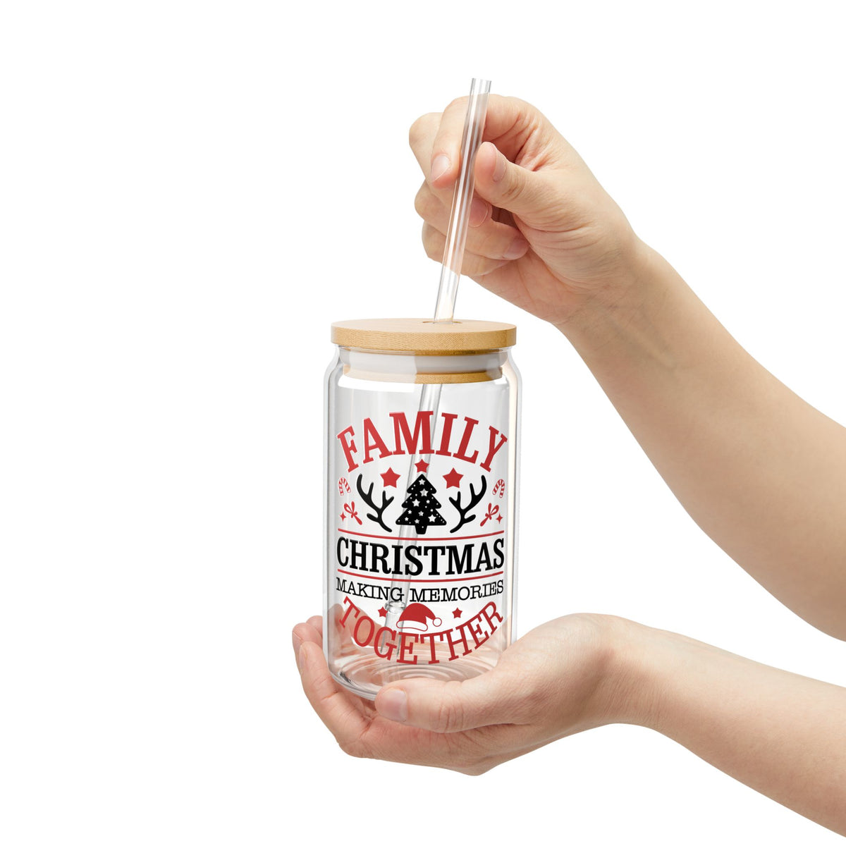 Family Christmas Glass Cup Gift For Mom Holiday Iced Coffee Tumbler Present For Grandma Bamboo Lid Sipper Festive Memory Drinkware Style