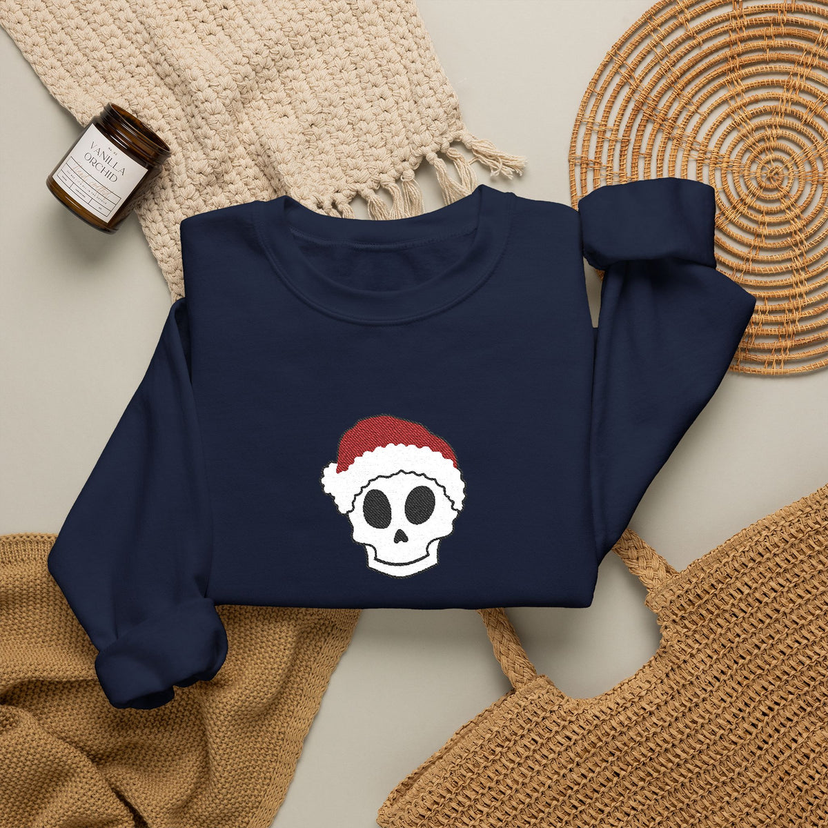 Embroidered Skull Christmas Sweatshirt For Her Goth Holiday Crewneck Gift For Best Friend Alt Winter Pullover For Him Spooky Santa Top Teen