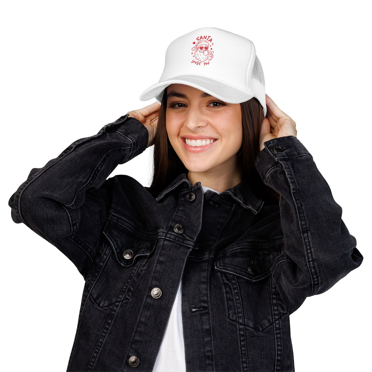 Santa Loves You Trucker Hat Gift For Girlfriend Christmas Mesh Cap Present For Best Friend Retro Holiday Accessory Cute Winter Style Chic