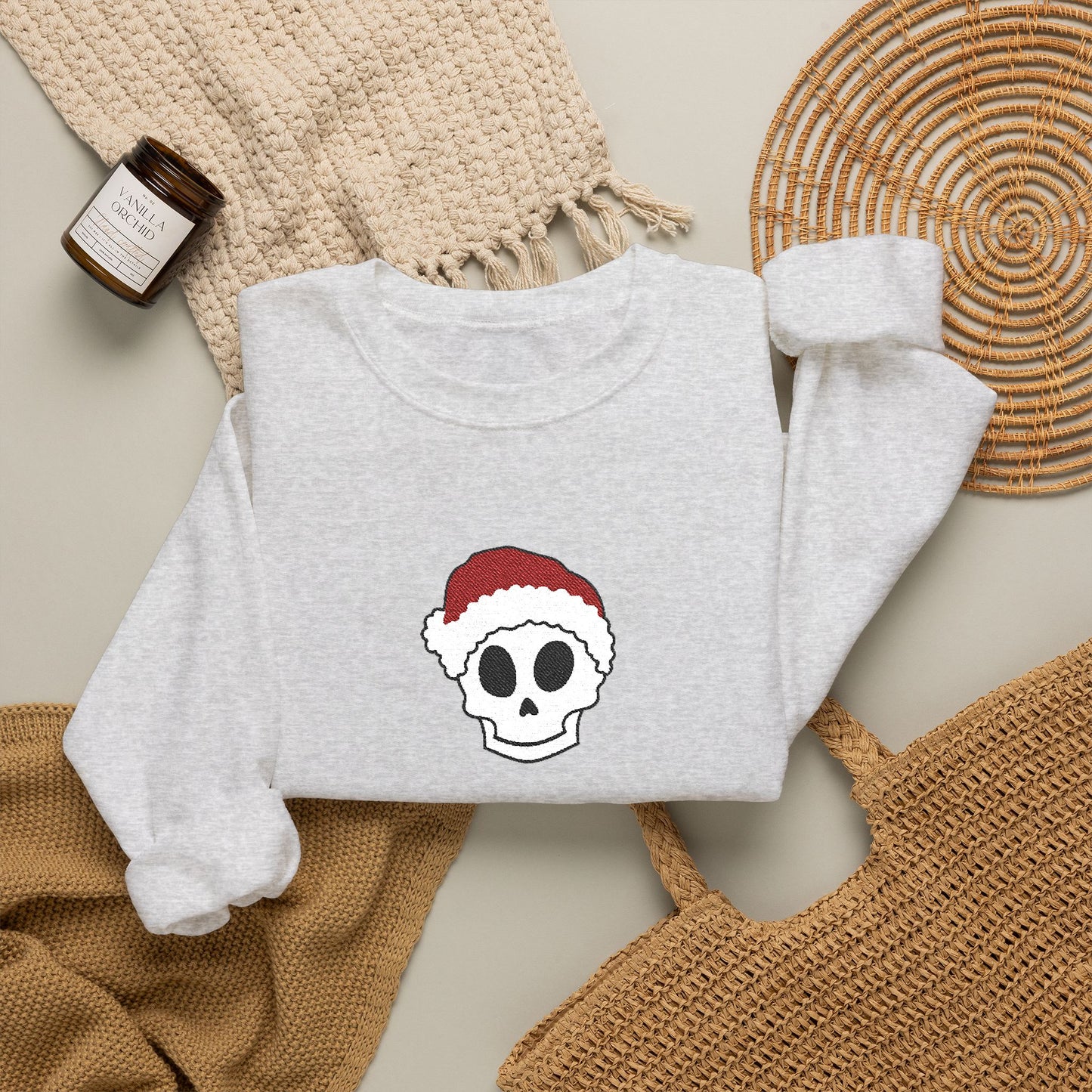 Embroidered Skull Christmas Sweatshirt For Her Goth Holiday Crewneck Gift For Best Friend Alt Winter Pullover For Him Spooky Santa Top Teen