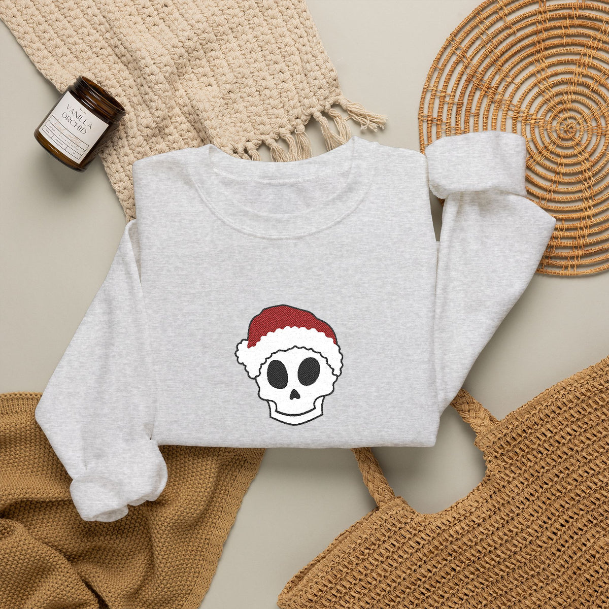 Embroidered Skull Christmas Sweatshirt For Her Goth Holiday Crewneck Gift For Best Friend Alt Winter Pullover For Him Spooky Santa Top Teen