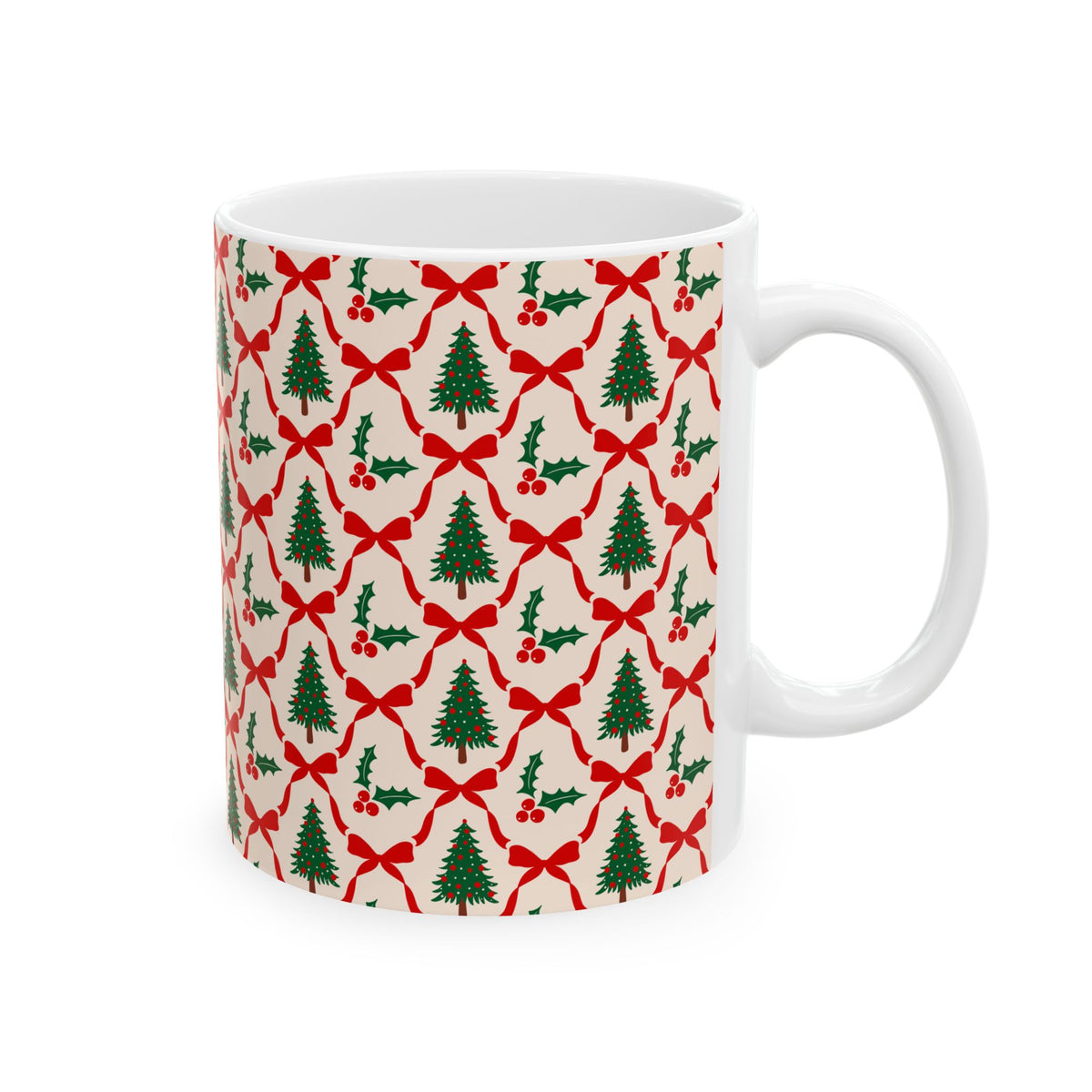 Pattern Christmas Mug Gift For Mom Tree Holly Coffee Cup Present For Sister Red Bow Ceramic Holiday Drinkware
