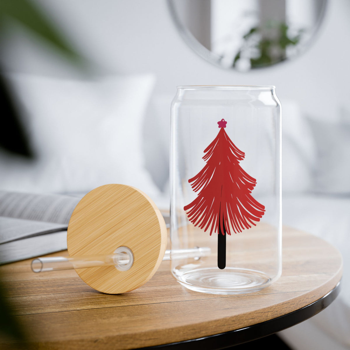 Red Tree Glass Cup Gift For Mom Festive Sipper With Bamboo Lid Cute Holiday Drinkware Sister Best Friend Winter Sip Jar Roomie Hostess Style