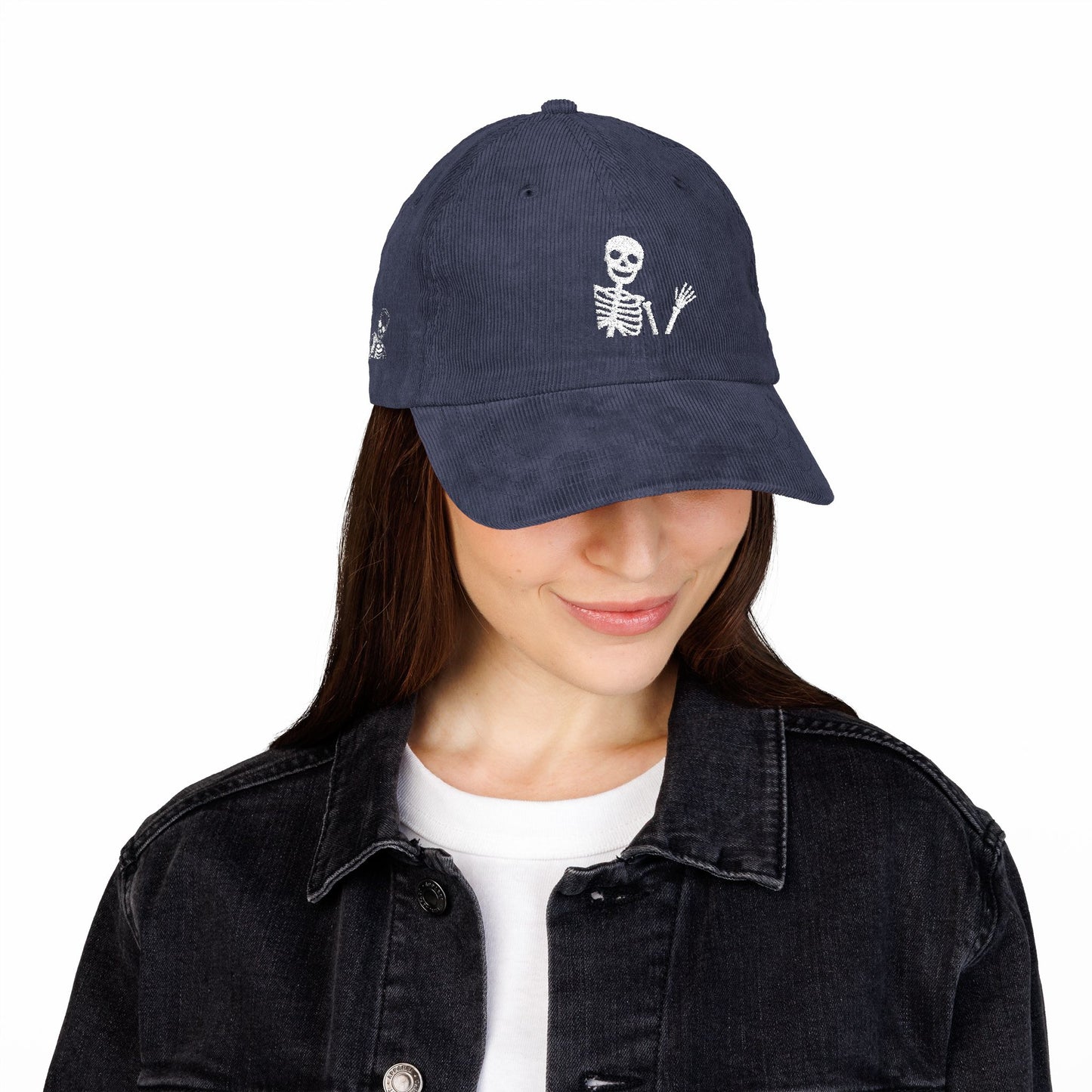 Embroidered Cap Skeleton Corduroy Hat Summerween Outfit Cap Spooky Festival Hat Cute Skull Hat Gift For His Birthday Gift For Skeleton Lover